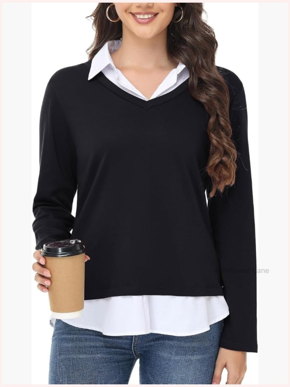 V Neck Long Sleeve Sweater 2 in 1 Tops